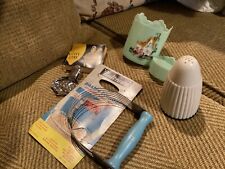 Retro kitchen items; nutbrown pastry blender, salt, jam pot, lemon squeezer,