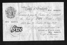 White fiver banknote - fiver, £5