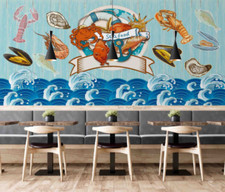 3D Sea Food Lobster Fish Crab Self-adhesive Removeable Wallpaper Wall Mural 79