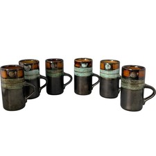 Celtic Pottery Newlyn Medallion Tall Coffee Mugs Set Vintage Brown Blue (x6)