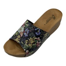Bio Comfort Womens Black Floral Faux Leather Wedge Slip On Sandals Size 7 Used
