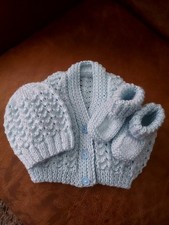 Handknitted Baby Boy Cardigan, Hat & Bootie Set 0-3mths