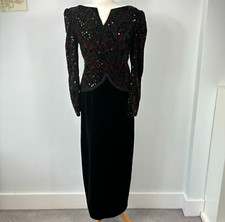 Vintage 80s Bellville Sassoon Black Red Green Velvet Cocktail Dress Sequins - 14