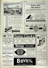 Old Antique Print 1916 Advertisment Buick Motor Car Bovril Norvic Shoes 20th