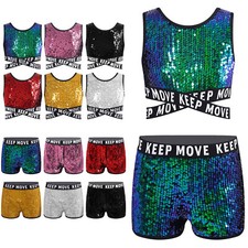 UK Girls Sparkling Sequin Crop top Shorts Jazz Hip Hop Street Dance Costumes
