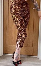 Vintage 50s Style Lace Up Detail Leopard Print Capri Pants Retro Glam XS Stretch