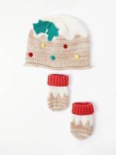 John Lewis & Partners Baby Christmas Pudding Hat and Mitt Set 6-12 Months New