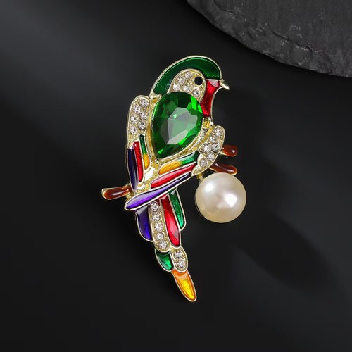 Crystal pearl bird brooch - crystal,