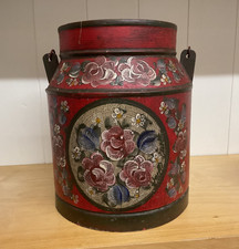 TOLEWARE TIN HAND PAINTED PAIL CANISTER NAIVE FLORAL FOLK ART  BARGE WARE 9 "