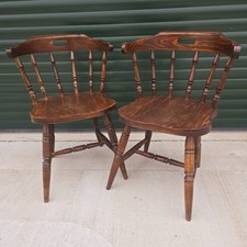 Pair Antique Style Elm/Oak Captains Chairs Desk Bow Back Wooden Turned Spindles