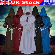 Halloween Adult Men Monk Cosplay Robe Cloak Cape Friar Medieval Priest Costumes^
