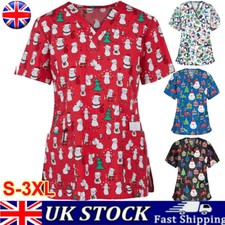 Women Nursing Scrub Tops Printed Medical Uniform Merry Christmas Flowers Shirts~