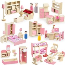 43PCS Wooden Dolls House Furniture Set,6 Room Kit Pretend Play Doll House Furni