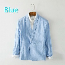 Men Linen Suit Jacket Coat Plain Lapel Double Breasted Business Blazer Tops