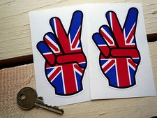 Union Jack 2 Fingers Bike or Car Stickers 4" Pair BSA Triumph Norton Peace Hippy