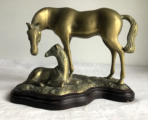 Brass horse and foal sculpture - brass,