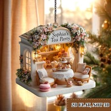 Vintage Tea Room Wooden Ornament, Floral Cafe, Acrylic Christmas Tree Decoration