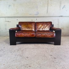 Brutalist 2-Seater Sofa in Stained Oak and Tan Leather by Leolux 1970s #A772