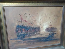 John Bampfield painting, original early 1970s. Cavalry and canon on battlefield