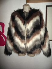 NEW LOOK Grey Brown Black Cream Luxury Shaggy Faux Fur Jacket/Coat sz 12-14 MED