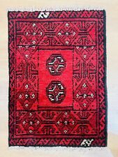 Genuine Afghan Aqcha - Hand Knotted Red Black Bokhara Wool Rug - XS Mat 40x60cm