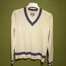 Cable Knit V Neck Off White Cricket Jumper Size M Sweater Pullover Mens