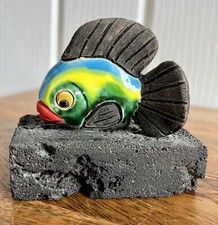 Small Hand Made Tropical Fish Figure On Volcanic Rock Stone Ornament 3”