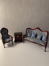 Dolls House Miniature Sofa and Chair Set, 1:12 Scale Furniture Incl Cushions