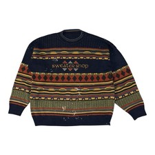 The Sweater Shop Jumper Mens XL Navy Vintage Pattern 90s Textured Fair Isle Knit
