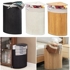 65L Wooden Corner Laundry Hamper with Lid Space-Saving Clothes Basket Organizer