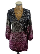 TOPSHOP DRESS 6 PETITE BLACK PINK Wrap Full Sequin mini Velvet tie party Short