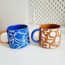 HABITAT Mediterranean Large Brown White & Blue Mugs Matching Rare Discontinued