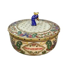 Minakari Jali Work Marble Jewellery Box Round Hand Painted Inlaid Gems
