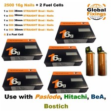 2500 x 38mm Straight 16g Nails + 2 Gas Cell for Paslode IM65/IM250