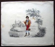 19th CENTURY PENCIL AND WATERCOLOUR SKETCH MAN AND A COTTAGE