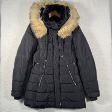 ZARA Women’s Puffer Coat Black XS Faux Fur Hood Quilted Long Winter Jacket