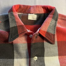Vintage 60s 70s  Buffalo Plaid Flannel Shirt Heavy Cotton Flap Pockets Red XL