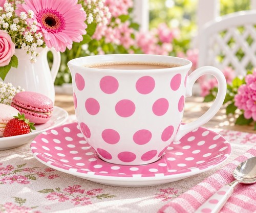 Pink dots spots cup - pink, saucer