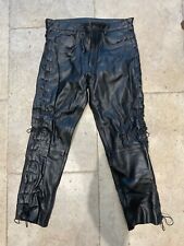 Vintage Black Leather Lace Up Trousers Motorcycle Biker Side Laced Jeans 38”