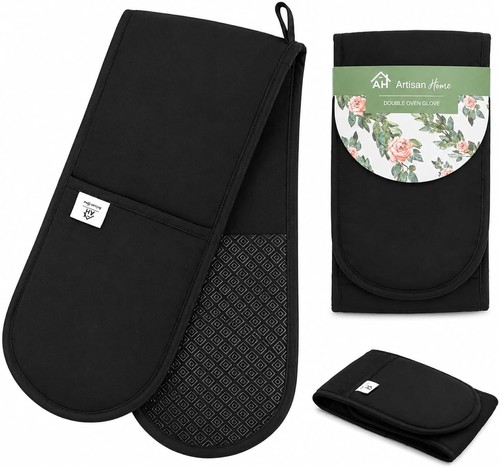Black double oven gloves - black,