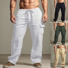 Mens Cotton Linen Cargo Pants Elasticated Waist Pockets Combat Trousers