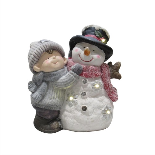 Light snowman hugging boy - up,