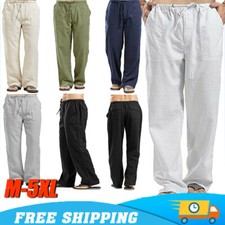 Men Casual Cotton Linen Solid Pants Breathable Loose Fit Yoga Beach Trousers UK