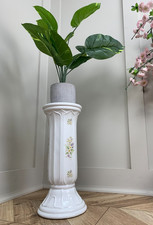 VINTAGE STYLE WHITE CERAMIC JARDINIERE COLUMN PLANT STAND FLORAL DECAL 17" H