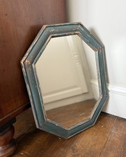 Octagonal Vintage Painted Wooden Blue & Gold  Wall Mirror 49 X 38 Cm