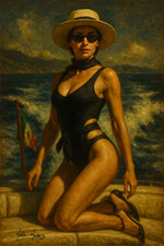Mario Mendoza Oil Painting Print Canvas Beautiful Woman Sea Model