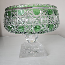 Beautiful Heavy Bohemian Cut Glass Pedestal Bowl Emerald Green 21cm High 