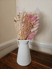 Vintage Rustic Shabby Chic White Metal Pitcher Jug with Dried Floral Bouquet