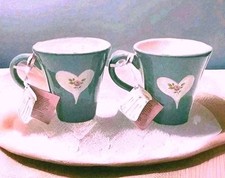 Set Of Fenton International Gabriella Miller Blue Hand Painted Heart Coffee Mugs
