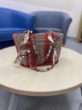 Beaded Chain Shoulder Bag Red Silver Pearl Purse Handbag Fashion Elegant Gift.